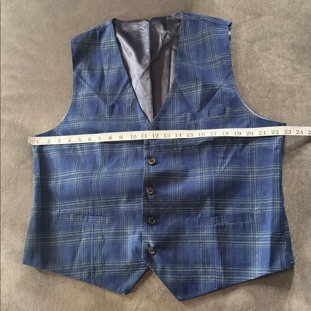 Men’s Blue Plaid 3 Piece Double Breasted Suit Peak Lapel 44 Jacket 40 Pants NEW